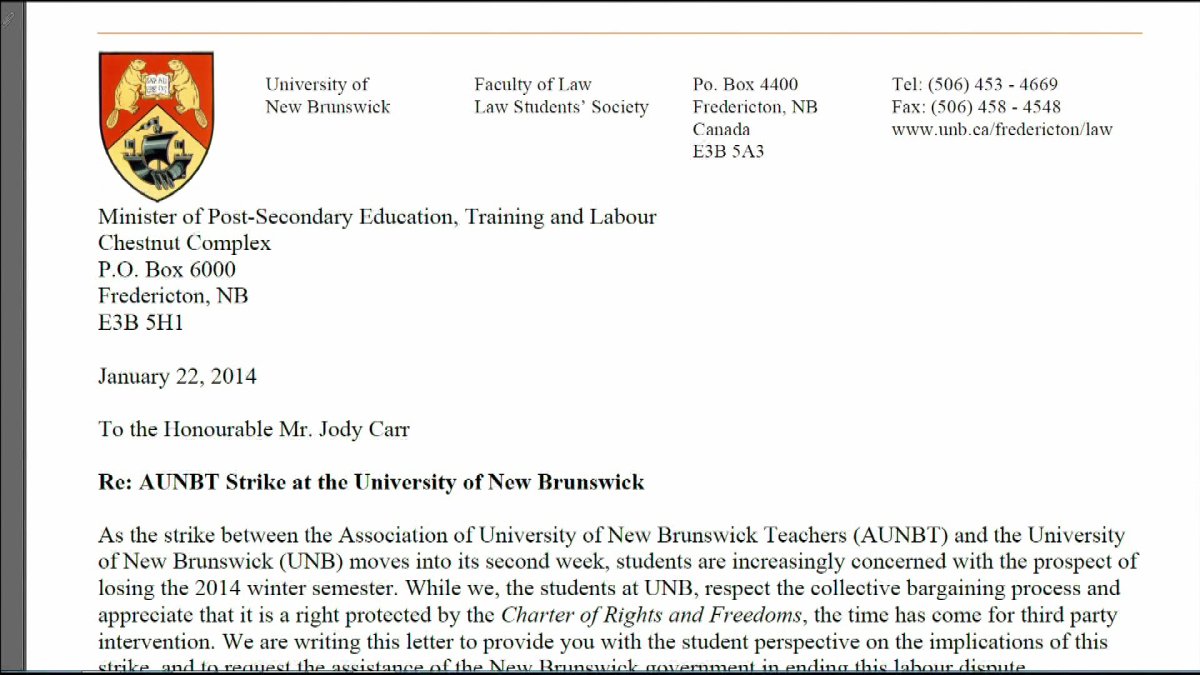 UNB Law Society President Will Russell wrote this letter to the Minister of Post-Secondary Education, Jody Carr, asking for third party intervention in UNB strike.