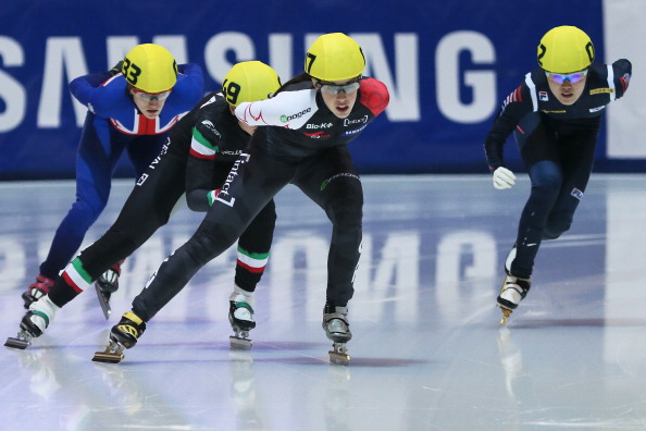 Valerie Maltais of Canada leads the group during the Men's 1000m semifinal during day four of the Samsung ISU Short Track World Cup at the on November 17, 2013 in Kolomna, Russia. 