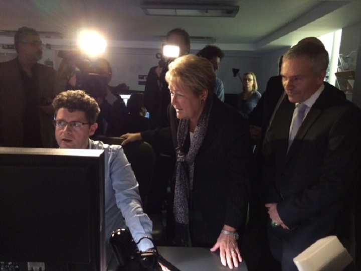 Quebec premier Pauline Marois in London, UK, watching special effects being made for Cinesite's new RoboCop film on January 20, 2014.