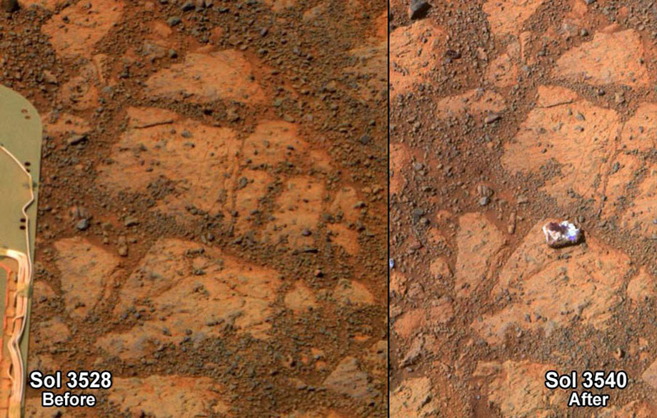 NASA scientists were surprised to find a strange rock that suddenly appeared in front of the Opportunity rover on Jan. 8. 