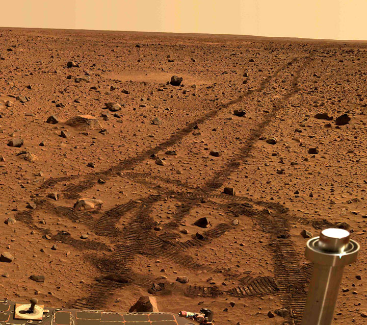 Spirit's views of the tracks it left on Mars in 2004.