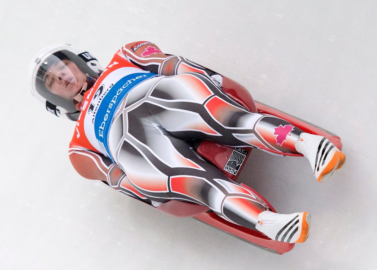 Kimberley McRae of Canada speeds in the ice channel during the women luge World Cup race in Altenberg, eastern Germany, Sunday, Jan. 19, 2014.