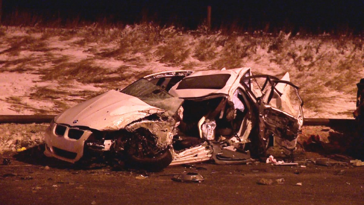 One of the cars involved in a four vehicle crash on Metis Trail between Country Hills Boulevard and 80 Avenue N.E., on January 1, 2014.