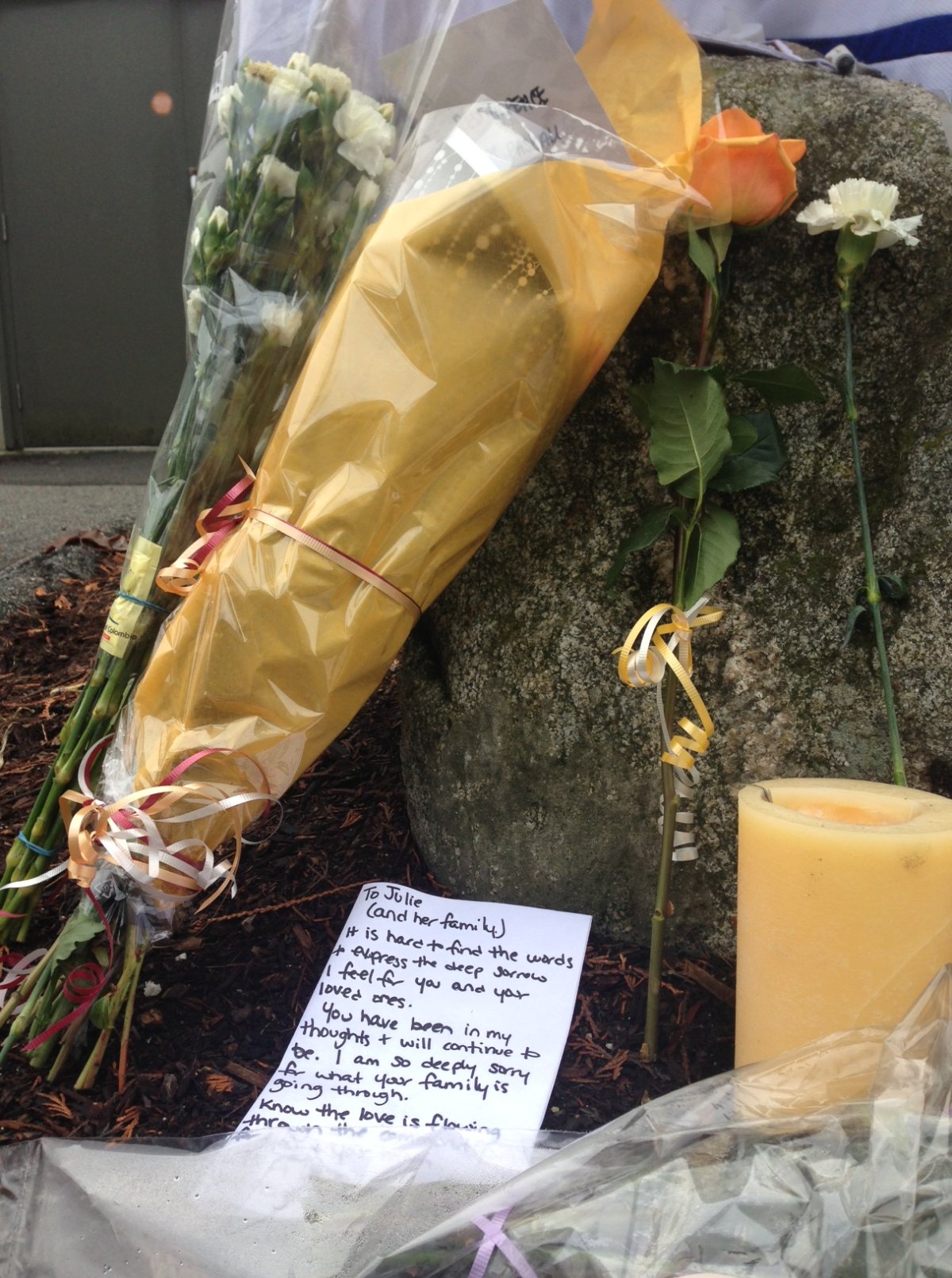 A memorial to Julie Paskall outside the Newton Rec Centre. Jill Bennett / Global News