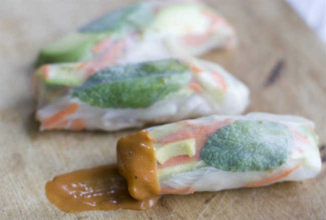 A fowl take on fresh spring rolls and peanut sauce