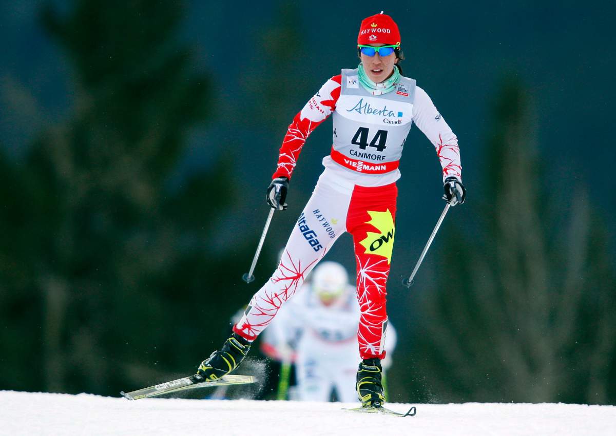 Emily Nishikawa, from Whitehorse, Yukon, skis during the women's World Cup 15-km Skiathlon in Canmore, Alta., Sunday, Dec. 16, 2012.