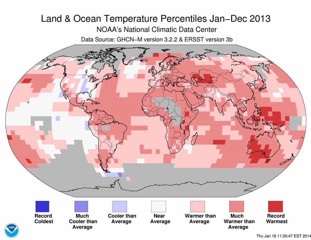 According to NOAA, 2013 tied as the 4th warmest year on record (1880-2013). 