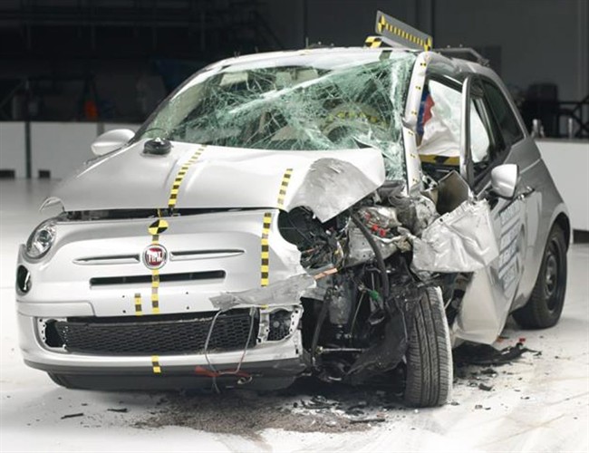 The U.S. Insurance Institute for Highway Safety shows the Fiat 500 during a crash test. The agency says the Fiat 500 and the Honda Fit were the worst performers of the 12 minicars tested in terms of potential injury to drivers.