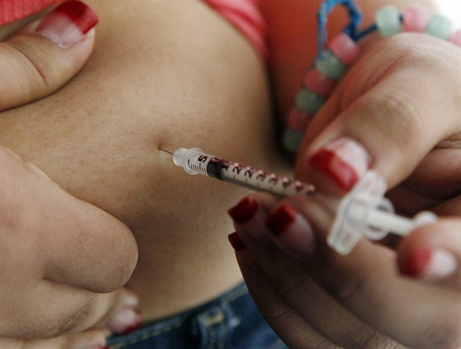 FILE - In this Sunday, April 29, 2012 file photo, a 19-year old diagnosed with diabetes gives herself an injection of insulin at her home in the Los Angeles suburb of Commerce, Calif.