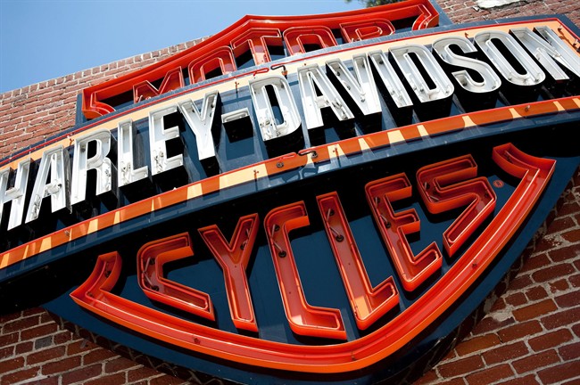 This Monday, July 16, 2012, photo, shows a sign for Harley-Davidson Motorcycles at the Harley-Davidsonstore in Glendale, Calif. 