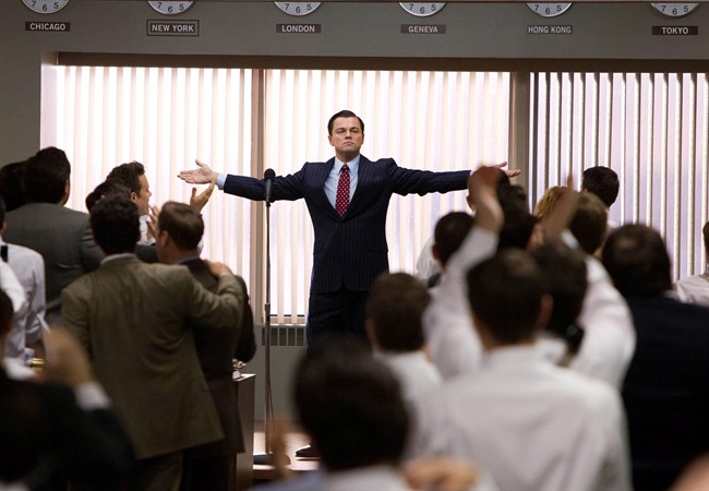 This film image released by Paramount Pictures shows Leonardo DiCaprio as Jordan Belfort in a scene from "The Wolf of Wall Street." The film was nominated for an Academy Award for best picture on Thursday, Jan. 16, 2014.
