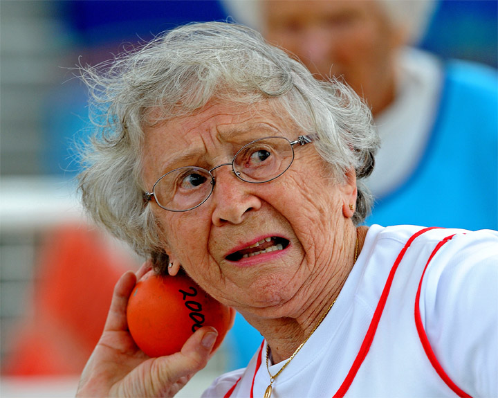 Canada's Olga Kotelko competes in the shot put competition during the World Masters Games in Sydney on October 11, 2009.
