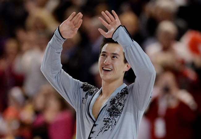 Patrick Chan reacts after his routine during the men's free program at the Canadian Skating Championships in Ottawa on Saturday, January 11, 2014. 