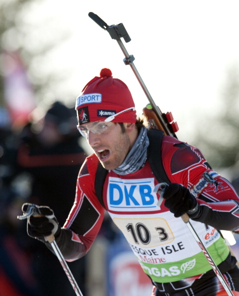 Canada's Scott Perras races during the IBU World Cup Biathlon Mixed Relay February 5, 2011 in Presque Isle, Maine. Germany finished first with France in second and Russia in third.