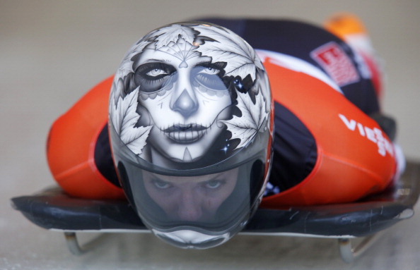 Sarah Reid of Canada competes in the women's skeleton race during the 2013 IBSF World Cup race November 29, 2013 in Calgary.