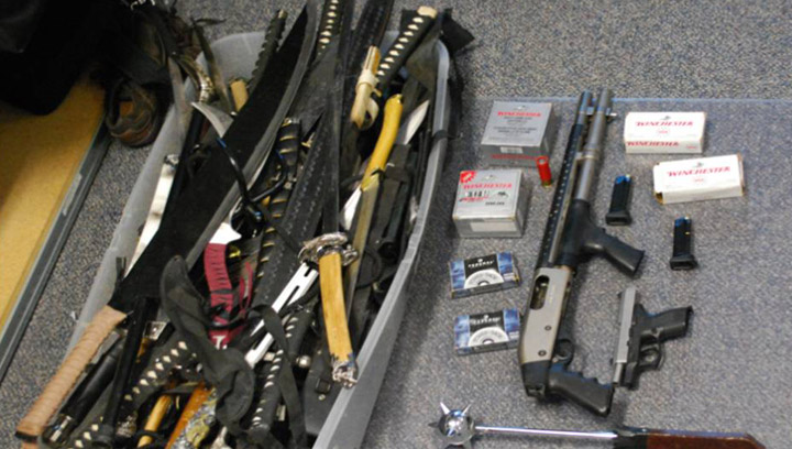 Weapons seized by Saskatoon police after a bust at three residences on Wednesday, Jan. 15, 2014.