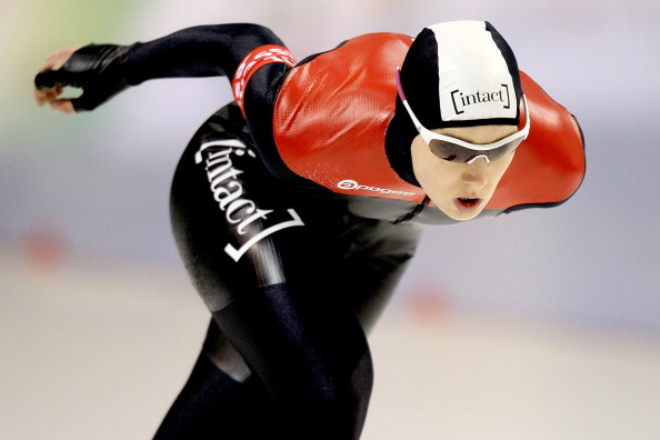 Brittany Schussler of Canada competes in the 1000-metre during the Essent ISU World Cup Speed Skating in Salt Lake City, Utah, in January 2012.