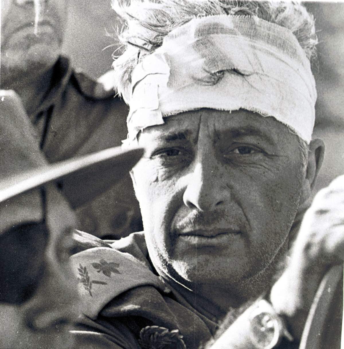 Ariel Sharon with bandaged head in Sinai during the 1973 War. (Photo by GPO/REX, 568127b)