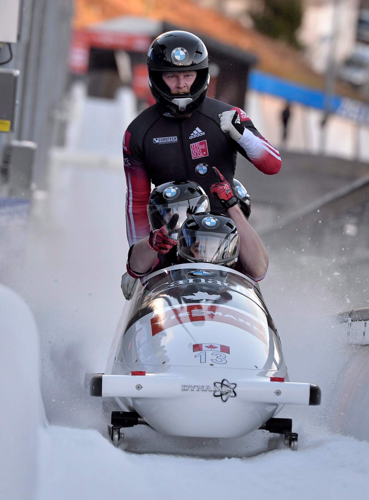 Canada's Chris Spring, Jesse Lumsden, Cody Sorensen and Ben Coakwell arrive after the 4-Man Bobsled  World Cup race in Winterberg, Germany, on Sunday, Jan. 5, 2014. Spring finished 5th.