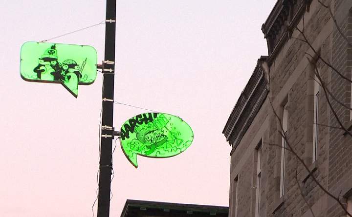 Speech bubble light installation in Montreal on January 7, 2014.
