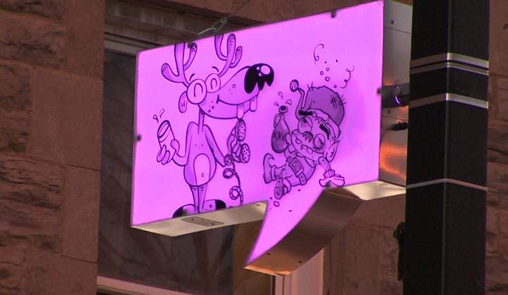 Speech bubble light installation in Montreal on January 7, 2014.