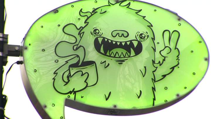 Speech bubble light installation in Montreal on January 7, 2014.