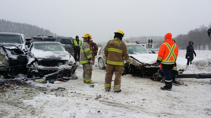 Part of a major Quebec highway has been shut down after bad road conditions contributed to a multi-vehicle pileup on January 27, 2014.