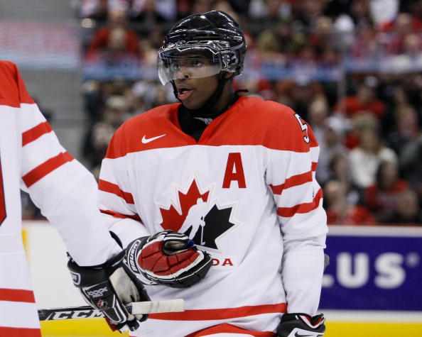 PK Subban #5 of Team Canada talks to team mates while waiting for faceoff during the game against Team Russia at the semifinals at the IIHF World Junior Championships at Scotiabank Place on January 03, 2009 in Ottawa.