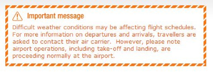 Notice on the Montréal-Trudeau airport website, advising passengers that flights are still experiencing delays on January 8, 2013.