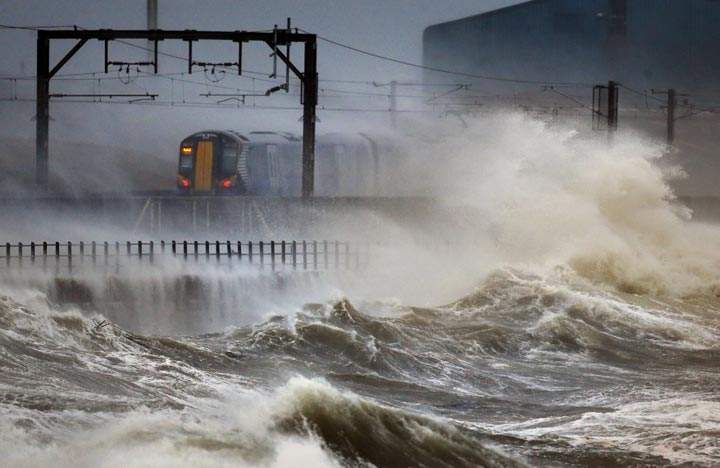 Rough seas crash along Scotland's shore in January 2014.