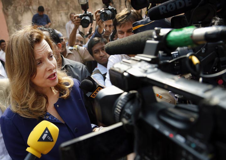 Valerie Trierweiler, the ex-first lady of French President Francois Hollande, speaks to the media after visiting Sion government hospital in Mumbai, India, Monday, Jan. 27, 2014. 