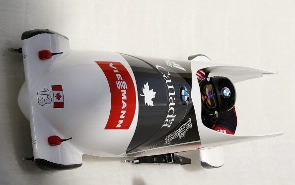 Jennifer Ciochetti and Chelsea Valois of Canada compete in the women's bobsleigh first run during the 2013 IBSF World Cup race November 30, 2013 in Calgary.