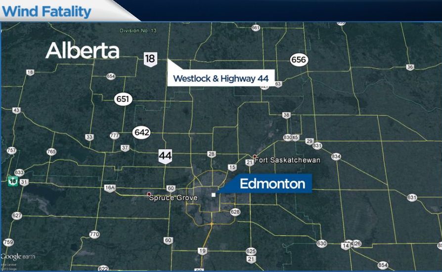 One person has died on an Alberta highway. RCMP say he was checking his vehicle, which had become stuck after being blown into a ditch, was fatally hit by a second vehicle that was also forced off the road by the wind. 