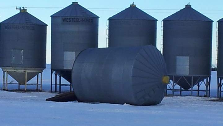 An auger was blown over by high winds near Rosthern, Saskatchewan on Jan. 15, 2014.