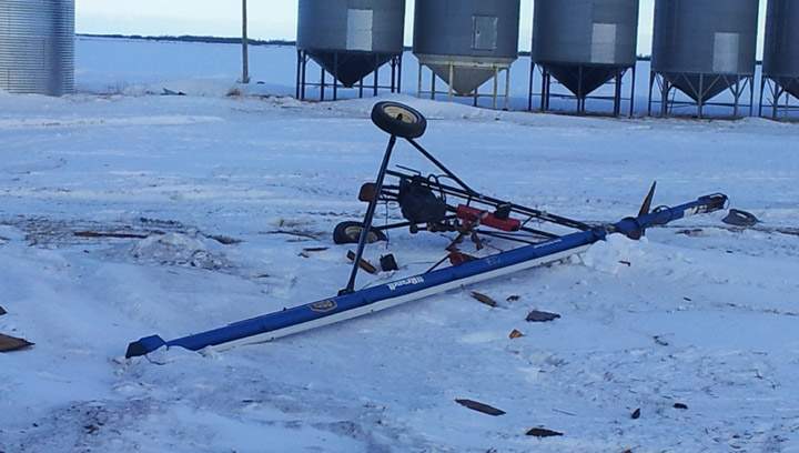 An auger was blown over by high winds near Rosthern, Saskatchewan on Jan. 15, 2014.