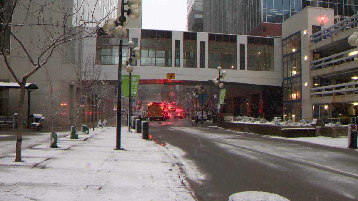 Police closed 3rd Street S.W. at 7 Avenue S.W. on Monday after strong winds loosened a piece of metal sheeting from a building.
