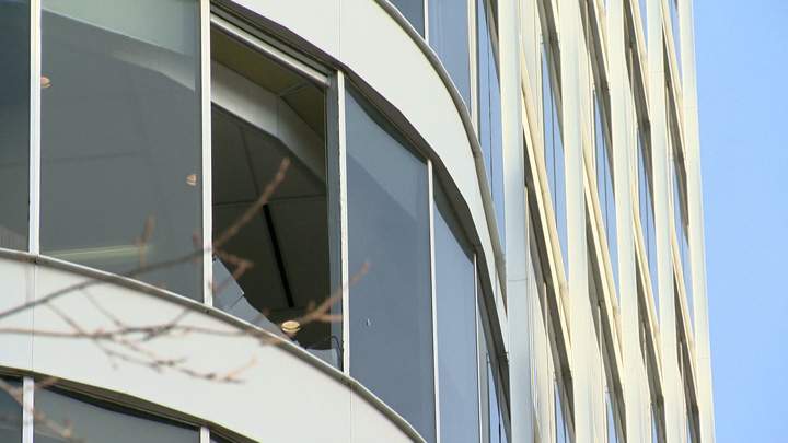 Seventh floor window blown out of a Saskatoon tower during wind storm Wednesday afternoon.