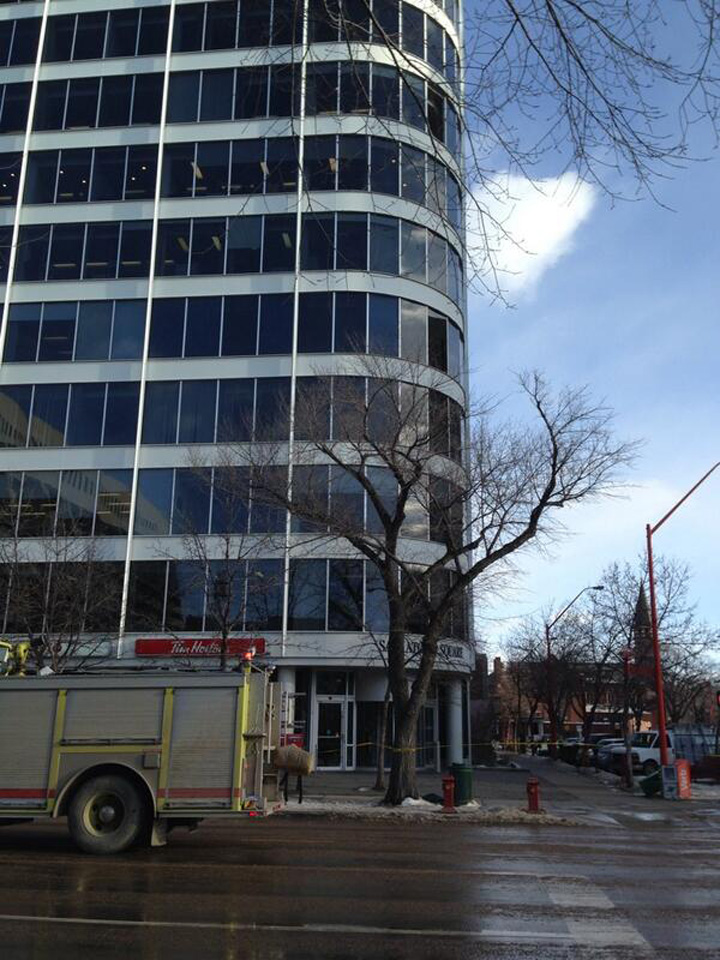 Saskatoon police believe strong winds blew a window out of a building in the 400-block of 22nd Street East on Jan. 15, 2014.
