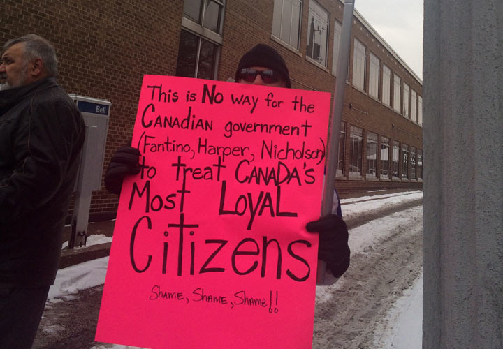Veterans and their supporters gathered in Windsor, Ont., on Friday Jan. 31, 2014 to protest the closure of eight regional Veterans Affairs offices.