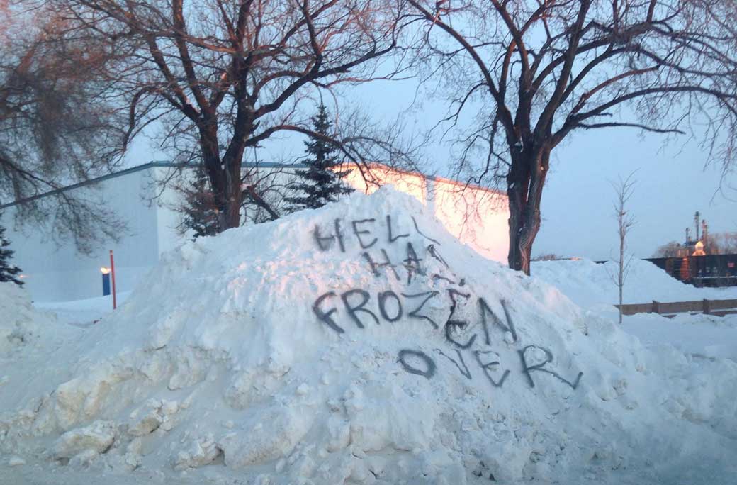 Guess someone doesn't quite see the beauty of winter. A snowbank on Archibald Street in Winnipeg.