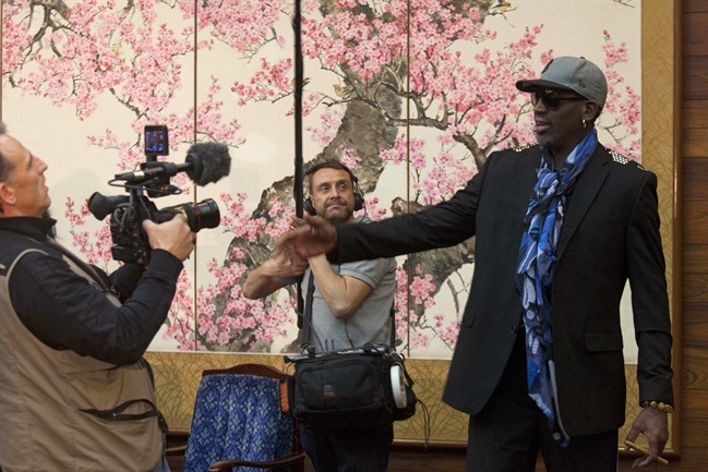 Dennis Rodman is filmed by a documentary film crew at a Pyongyang, North Korea hotel Tuesday, Jan. 7, 2014.