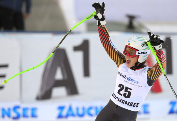 Canada's Larisa Yurkiw reacts in the finish area after competing in the Women's downhill race as part of the FIS World Cup held in Altenmarkt Zauchensee on January 11, 2014. 