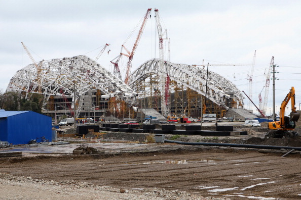 Construction on the olympic stadium continues at the coastal cluster during the Grand Prix of Figure Skating Final 2012 at the Iceberg Skating Palace on December 8, 2012 in Sochi, Russia.