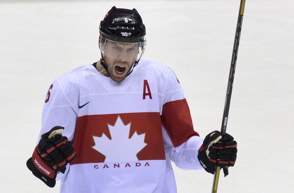 Canada’s Shea Weber celebrates after scoring during the Men’s Ice Hockey Quarterfinals Canada vs Latvia at the Bolshoy Ice Dome during the Sochi Winter Olympics on February 19, 2014. Canada won 2-1.