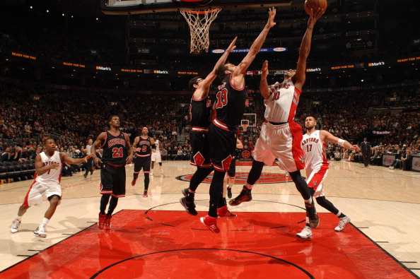  DeMar DeRozan #10 of the Toronto Raptors takes a shot during a game against the Chicago Bulls on February 19, 2014 at the Air Canada Centre in Toronto, Ontario, Canada.