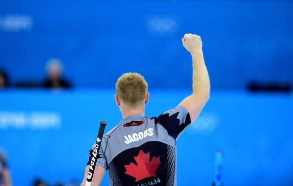 Canada’s Brad Jacobs celebrates as his team wins the Men’s Curling Gold Medal Game against Great Britain at the Ice Cube Curling Center in Sochi during the Sochi Winter Olympics on February 21, 2014. Dominant Canada won their third successive Olympic men’s curling gold medal with a convincing 9-3 victory over Britain in the final.