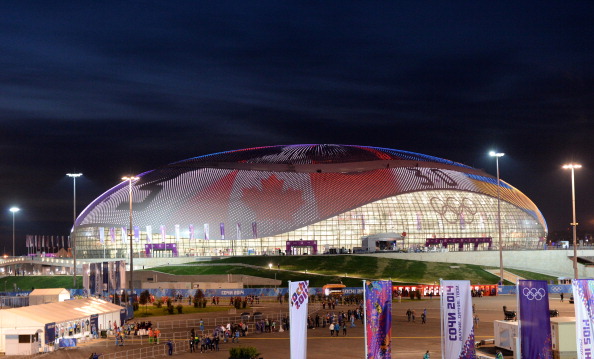 The score 3-0 is projected on the Bolshoy Ice Dome after the Men’s ice hockey final Sweden vs Canada during the Sochi Winter Olympics on February 23, 2014.
