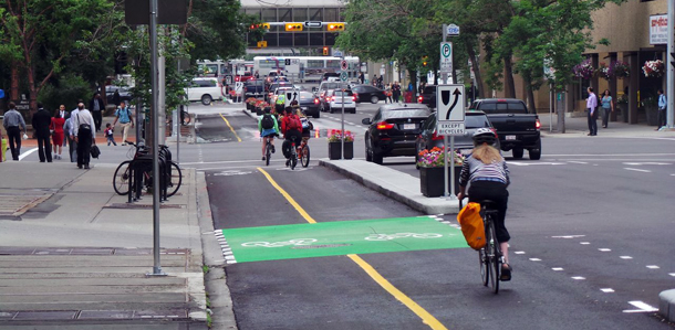 The 7 Street S.W. cycle track between the Bow River Pathway and 8 Avenue S.W.
