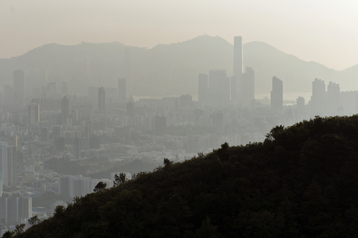 Smog hangs over the Hong Kong skyline on February 3, 2014.  