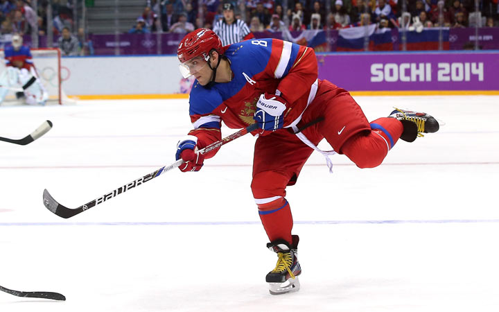Alexander Ovechkin #8 of Russia skates against Slovenia during the Men's Ice Hockey Preliminary Round Group A game on day six of the Sochi 2014 Winter Olympics at Bolshoy Ice Dome on February 13, 2014 in Sochi, Russia.